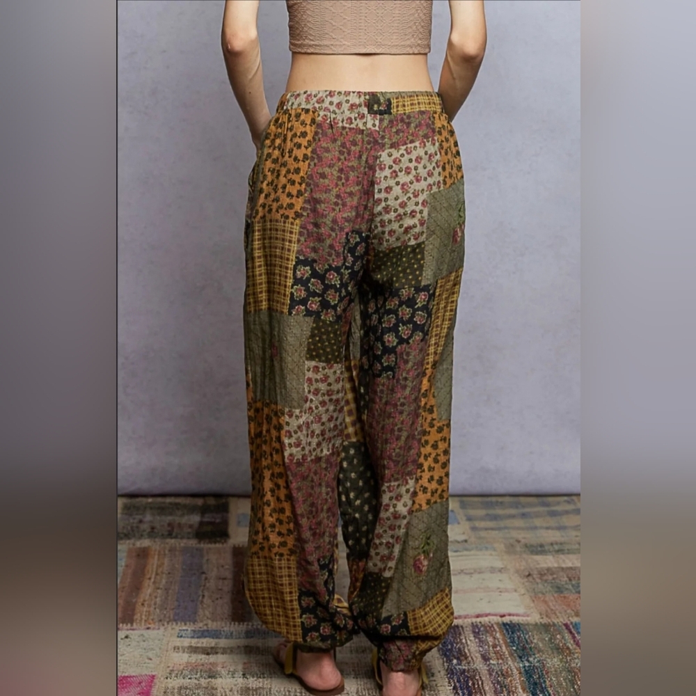 #1089 POL Patchwork Floral Boho Jogger Pants - Picture 3 of 5